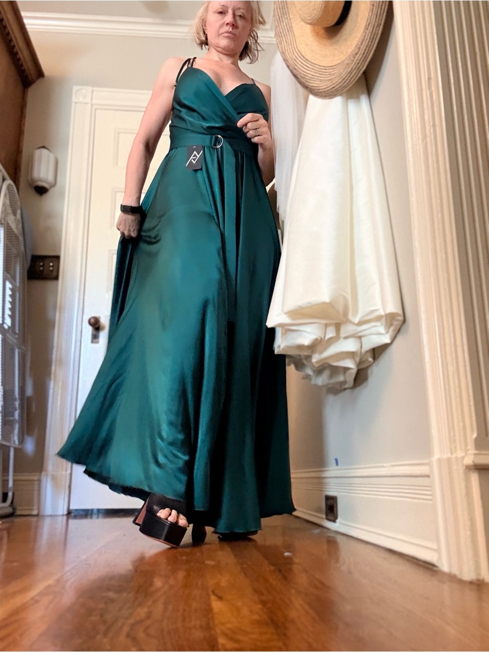 Elegant Teal Satin Wrap Maxi Dress with Belt WOLF & BADGER